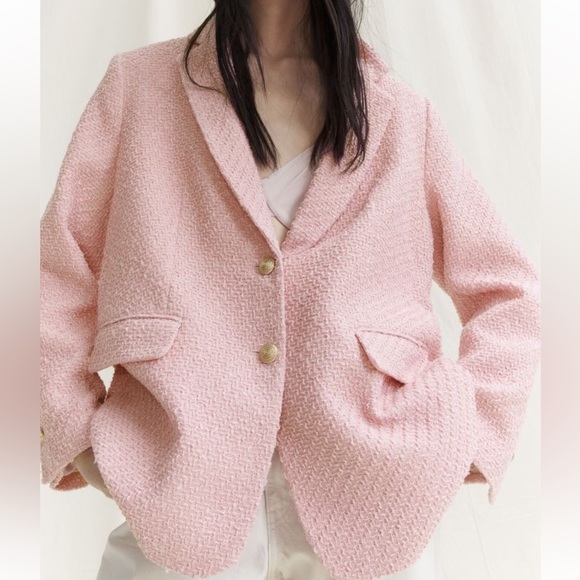 SOLD OUT H&M PINK TWEED BARBIE BLAZER GOLD BUTTONS SIZE XS NWT - Picture 5 of 10